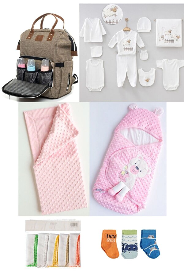 Necix's 6LI SEVİMLİ AYILAR DOĞUM SET(10’LU HASTANE ÇIKIŞ,BEBEK ÇANTASI,KUNDAK,BATTANİYE,MENDİL VE ÇORAP SET)