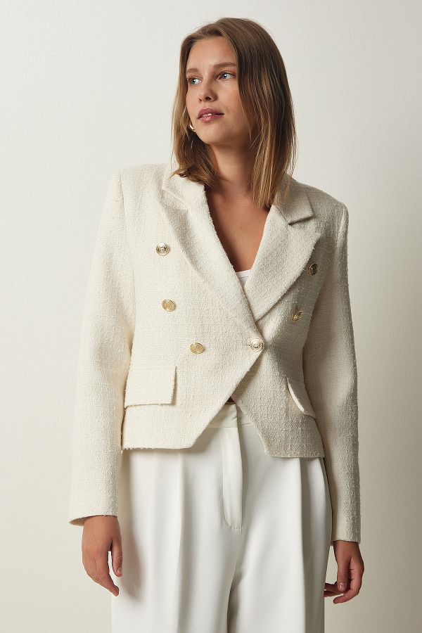 Happiness İstanbul-Women's Ecru Asymmetrical Detailed Crop Tweed Jacket TO00122 1