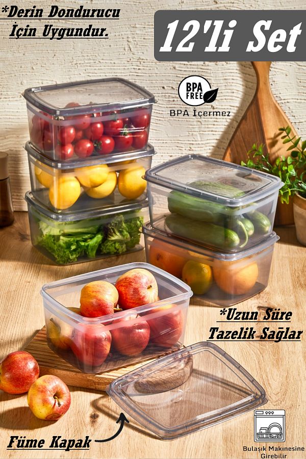 Bayev-12 Pieces Huge Smoked 2 LT Food Storage Container - Lid Pulses Box - Suitable for Deep Freezer 1