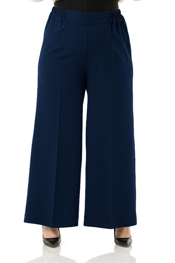 Aşkı Endam-Plus Size Mayra Side Pocket Dumbbell Crepe Wide Leg Trousers - Navy Blue 1