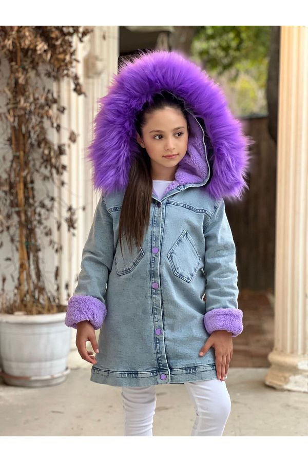 Alara Kids Girl s Purple Fur Hooded Denim Coat Trendyol
