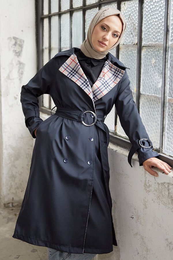 Blue plaid trench coat clearance