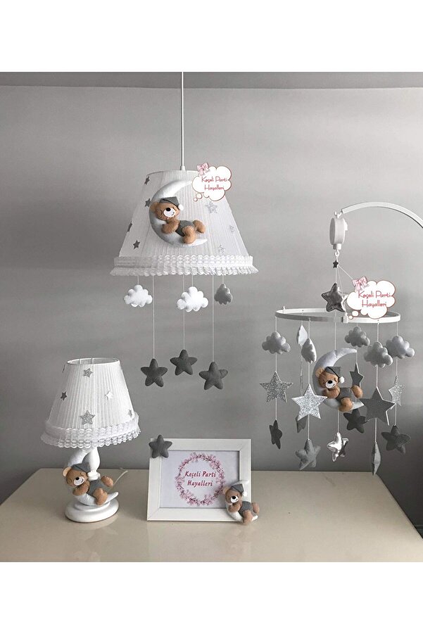 Keçeli parti hayalleri bebek çocuk odası avize dönenceli set gri ay ayıcık beyaz