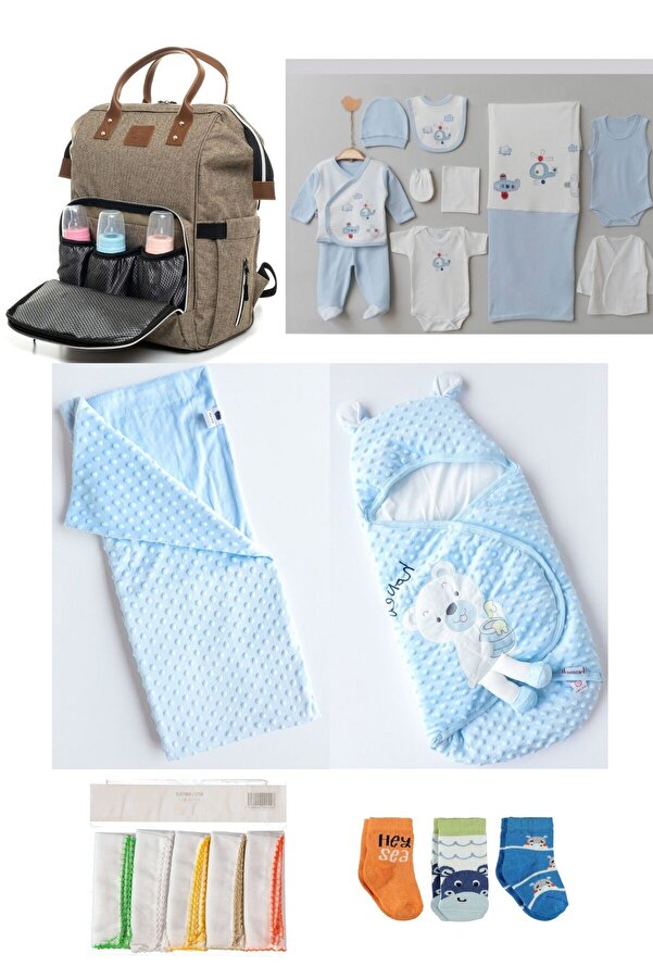 Necix's 6LI SEVİMLİ AYILAR DOĞUM SET(10’LU HASTANE ÇIKIŞ,BEBEK ÇANTASI,KUNDAK,BATTANİYE,MENDİL VE ÇORAP SET)