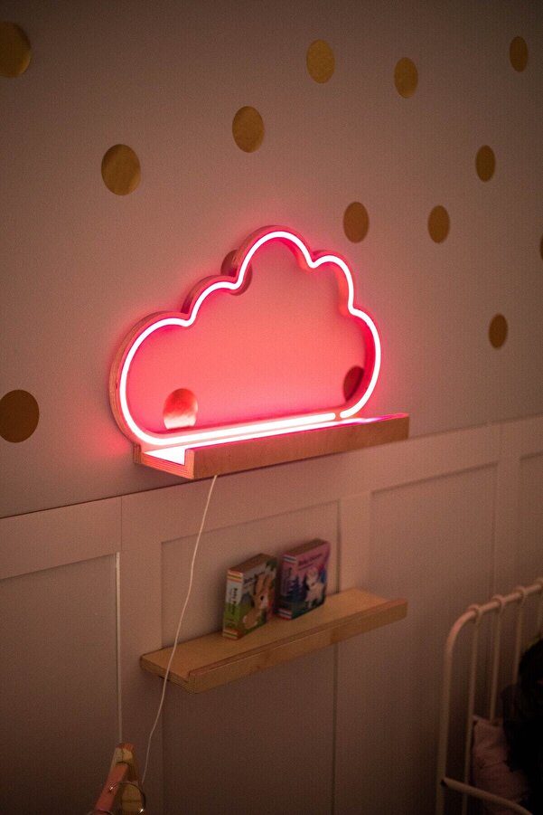 LAYKİDS Çocuk Bebek Odası Led Gece Lambası & Duvarı Rafı Kitaplık Pembe 60x11,5cm Kolay Kurulum