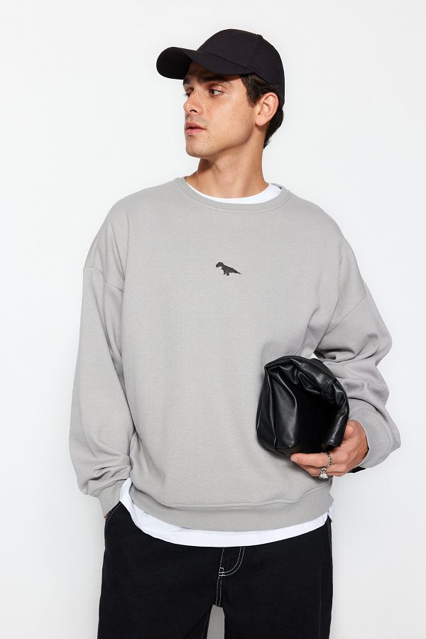 Trendyol Collection-Gray Dinosaur Embroidered Oversize Sweatshirt - Crew Neck, Fleece Cut, Warm Tmnaw24Sw00064 1