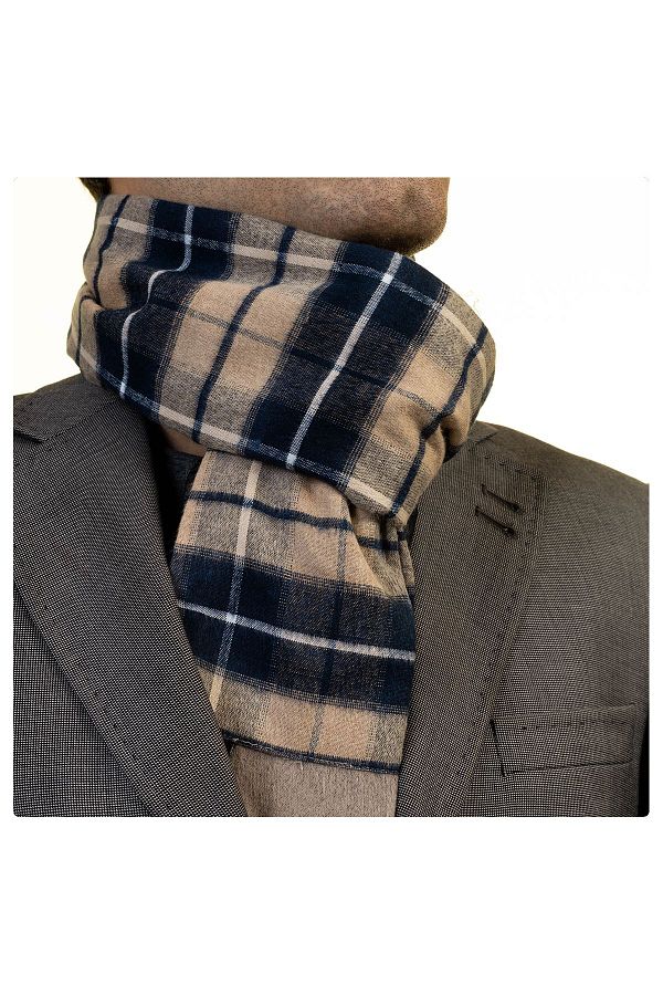 Exve Exclusive-Beige Navy Blue Plaid Pattern Double Sided Scarf 1
