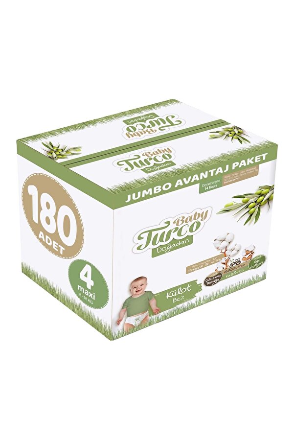 Baby Turco Külot Bebek Bezi Doğadan Beden:4 (8-18kg) Maxi 180 Adet Jumbo Avantaj Pk