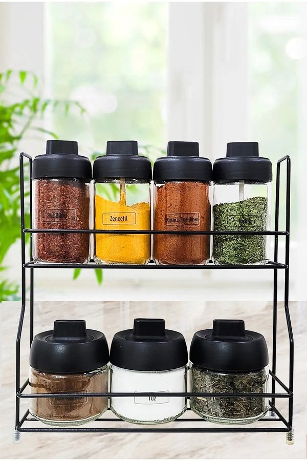 Tinsmith Set of 7 Glass Spice Jars with Spoons and Metal Stand Spice Set with Stand Gift Label Trendyol