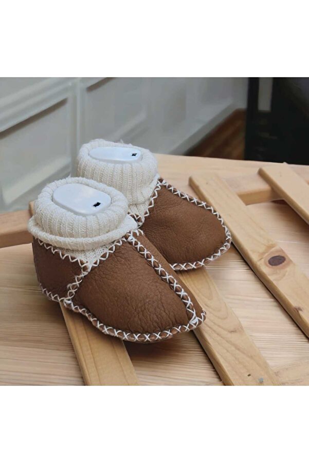 BEBEĞİME ÇORAP Organik Deri Bebek Patiği -Bileği Çoraplı Bebek ev Patiği