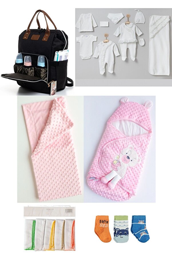 Necix's 6LI SEVİMLİ AYILAR DOĞUM SET(10’LU HASTANE ÇIKIŞ,BEBEK ÇANTASI,KUNDAK,BATTANİYE,MENDİL VE ÇORAP SET)