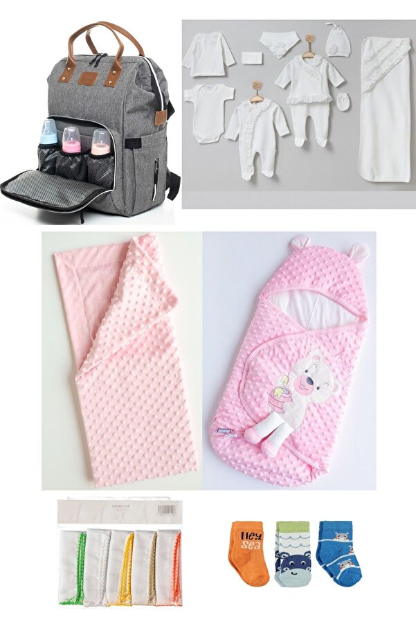 Necix's 6LI SEVİMLİ AYILAR DOĞUM SET(10’LU HASTANE ÇIKIŞ,BEBEK ÇANTASI,KUNDAK,BATTANİYE,MENDİL VE ÇORAP SET)