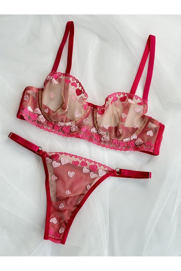 Arinda-Set de lenjerie cu sârmă Brode Heart - Roz Fuchsia 1