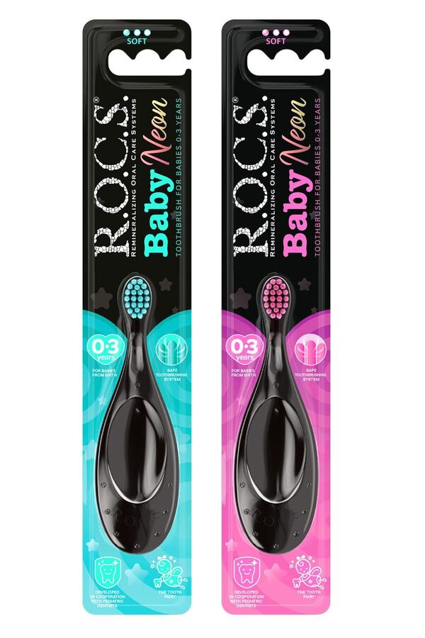 R.O.C.S. Baby Neon 0-3 Yaş Için Ekstra Yumuşak Diş Fırçası - 2'li Set - Pembe+turkuaz