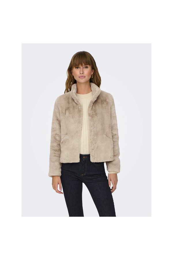 Only New Vida Faux Fur Women s Beige Stand Up Collar Jacket Trendyol