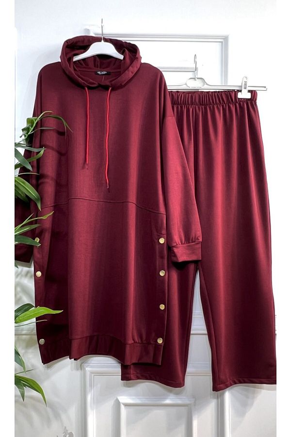 Aşkı Endam-Plus Size Story Hooded Two Thread Combed Cotton Set with Button Detail - Claret Red 1