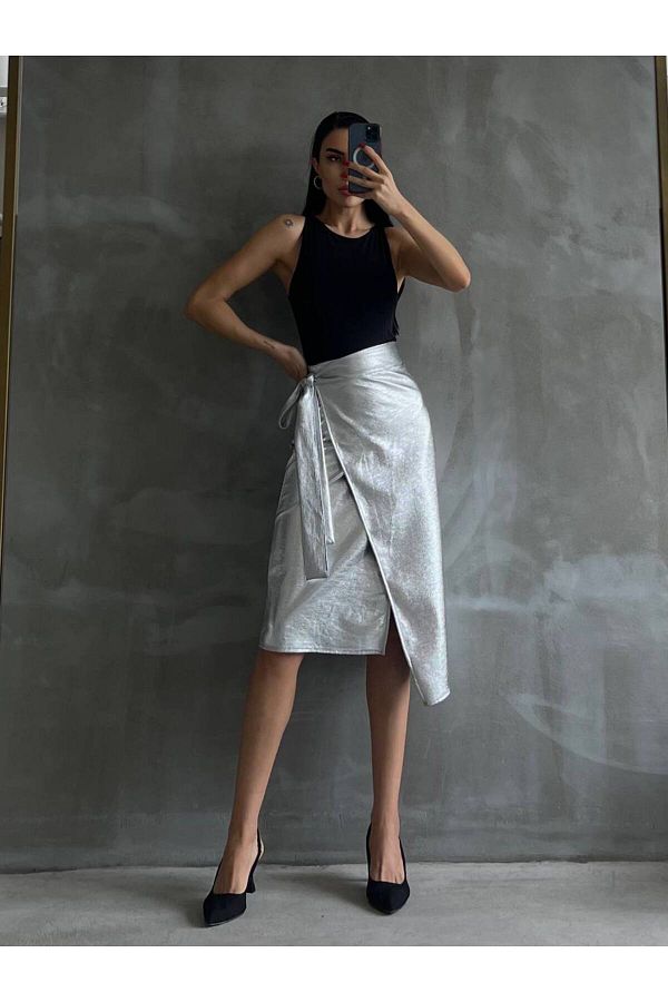 bymaestro woman Silver Metallic Double Breasted Tie Pencil Skirt Trendyol