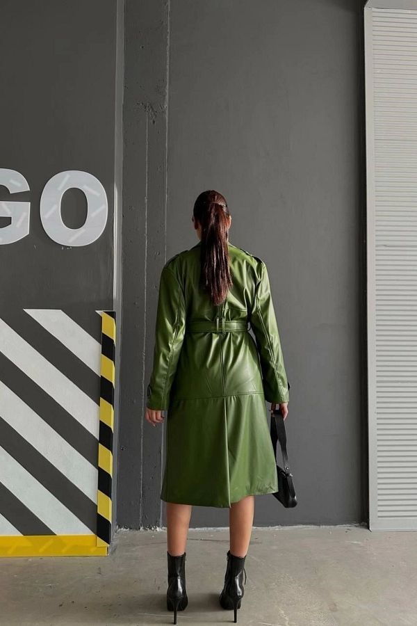 Green leather trench coat online
