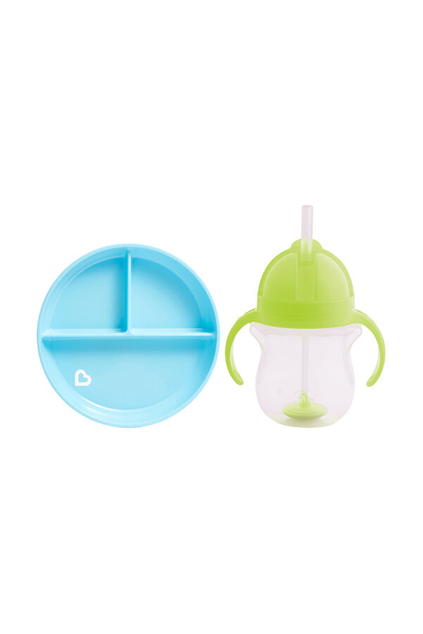 Munchkin Sabit Vakumlu Beslenme Tabağı &tıklama Uçlu Pipetli Alıştırma Bardağı 6ay Mavi&yeşil 2'li Paket