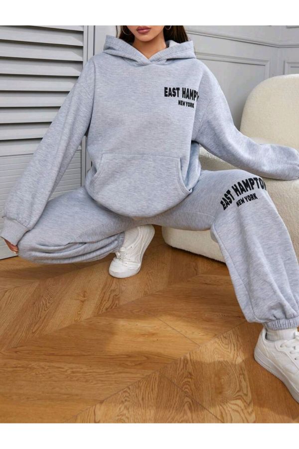ModaMaine Women's East Hampton New York Printed Oversize Gray Hooded  Sweatshirt Tracksuit Set - Trendyol