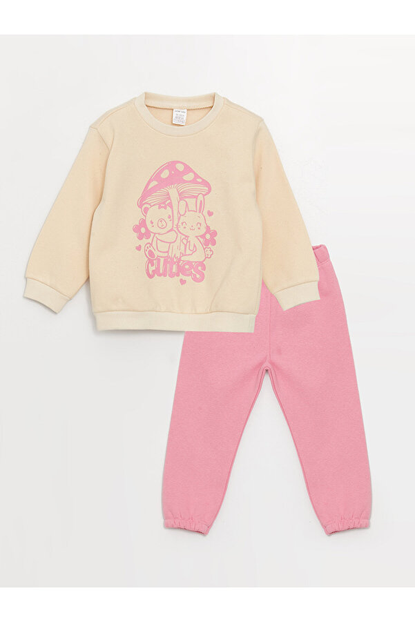 LC Waikiki Bisiklet Yaka Uzun Kollu Baskılı Kız Bebek Sweatshirt ve Eşofman Alt 2'li Takım