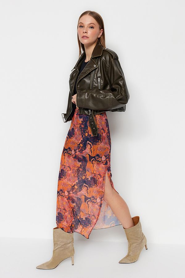 Trendyol Collection-Разтеглива плетена пола от тюл с оранжеви шарки и дълга дантела TWOSS23ET00369 1