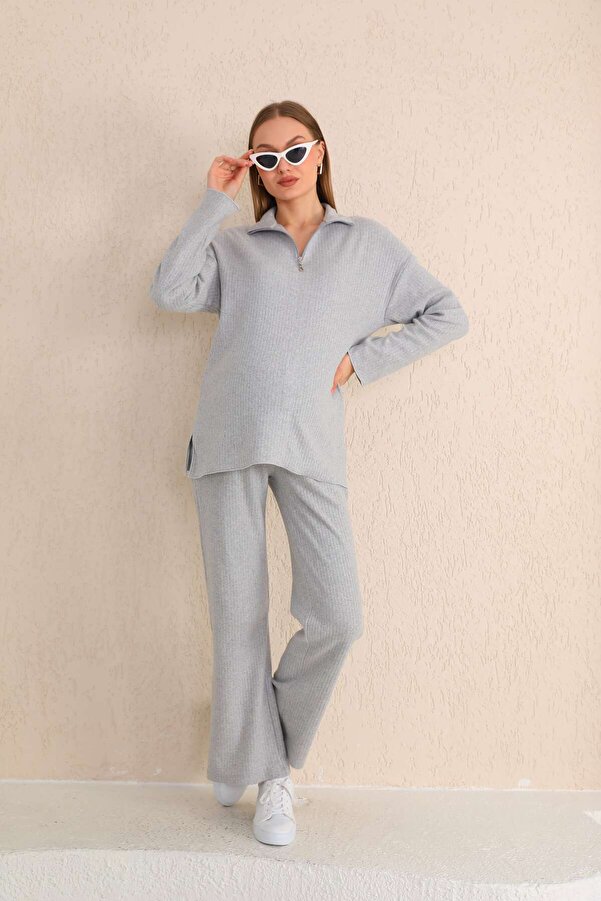 Miss Dünya Lissa Gri Fermuar Yakalı Yumoş Kumaş Hamile ve Lohusa Eşofman Takımı