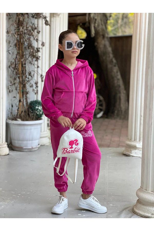 en tarz cocuklar Girl s Pink Barbie Tracksuit Set Trendyol