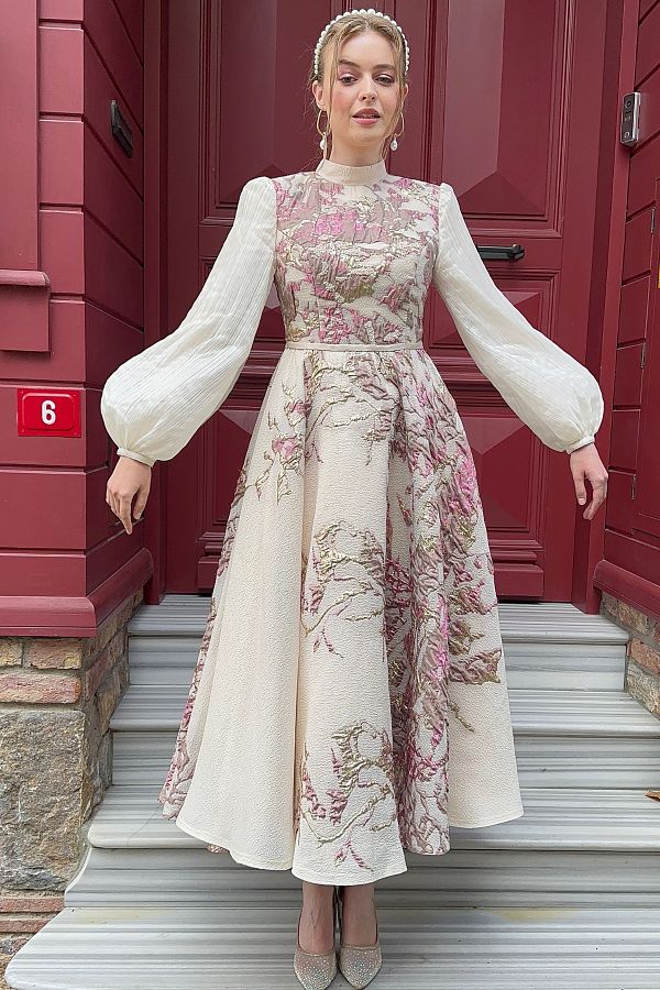 KALEL O DES GN Silk Brocade Midi Invitation Dress Trendyol