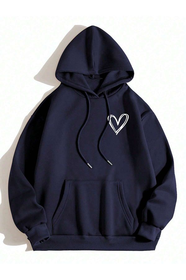 Heart print kangaroo print drawstring hoodie hot sale