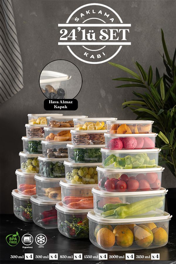 Meleni Home-مجموعة حاويات تخزين Sweet Box مكونة من 24 حاوية مستطيلة باللون البيج 4x (300-500-850-1350-2000-3150 مل) 1