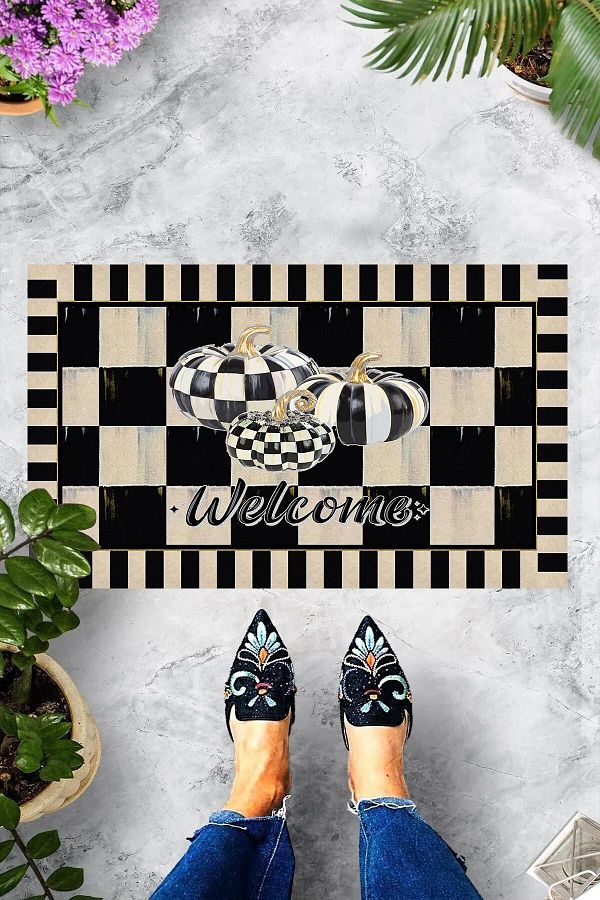 on the clouds-Digital Printed Welcome Written Checkerboard Patterned Decorative Door Mat with Pumpkin Figure 1