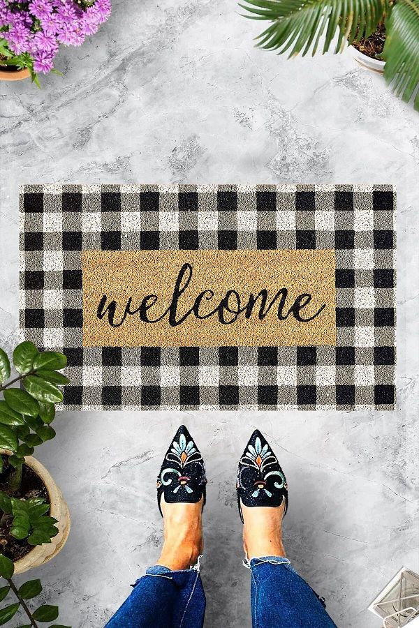 on the clouds-Digital Printed Welcome Written Checkerboard Pattern Decorative Door Mat 1