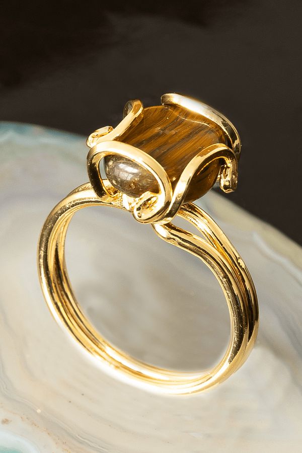 Tesbih Atolyesi Certified Rococo Model Tiger Eye Stone Ring Adjustable