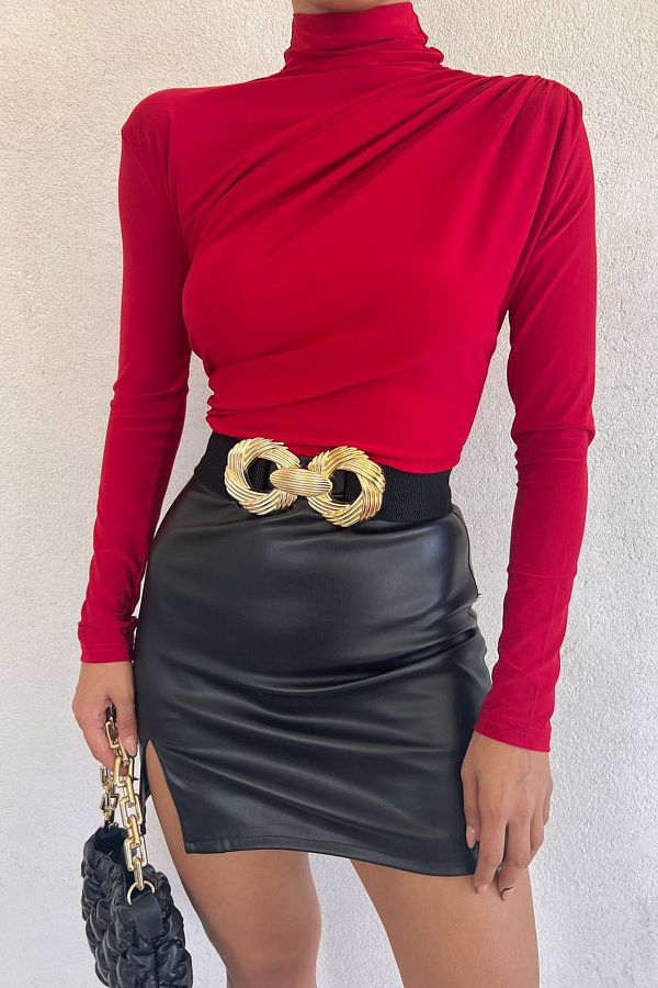 Ortaya Çık-Red Draped Turtleneck Blouse 1