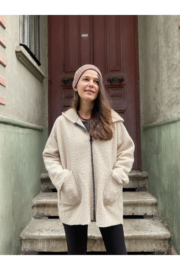 Hooded cardigan wool coat loose overcoat top