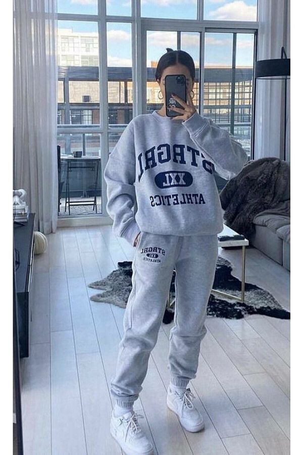 Josette Strgrl Athletics Winter Tracksuit Set Sweatshirt Trousers Gray Printed Oversize Crew Neck Trendyol