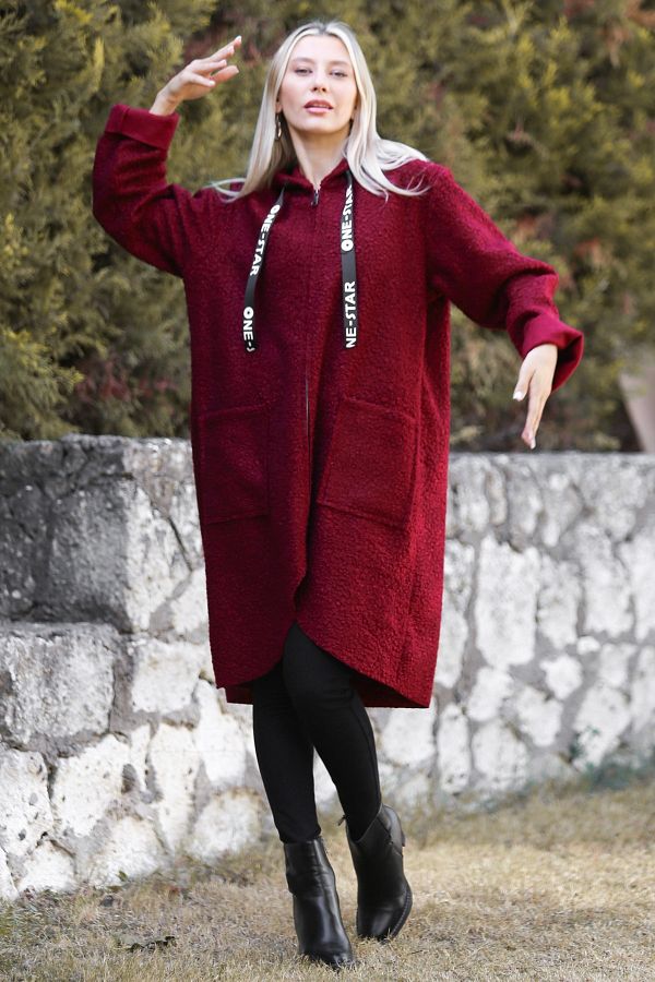 Chiccy Italian Burgundy Hooded Long Sleeve Zippered Double Pocket Woven Boucle Coat Trendyol