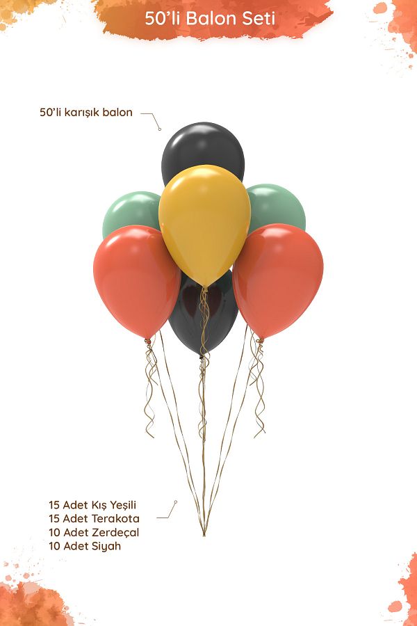 Hey Parti-Retro Car Themed Balloon Set - Winter Green, Turmeric, Terracotta and Black Mixed Balloons - 50 Pieces 1