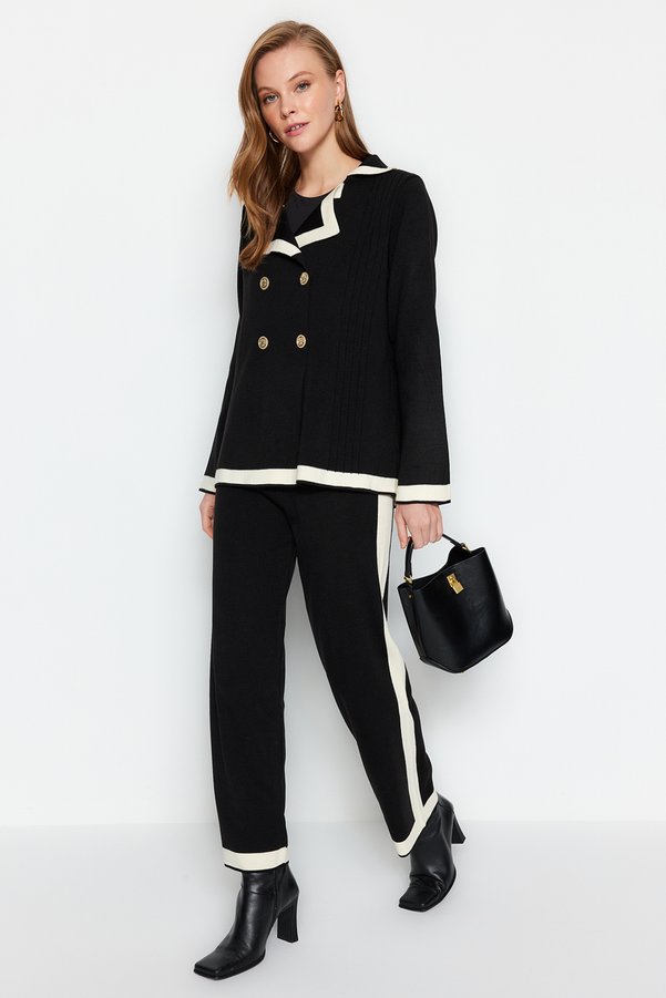Trendyol Modest Black Color Block Jacket-Trousers Knitwear Bottom-Top Set TCTAW24US00117
