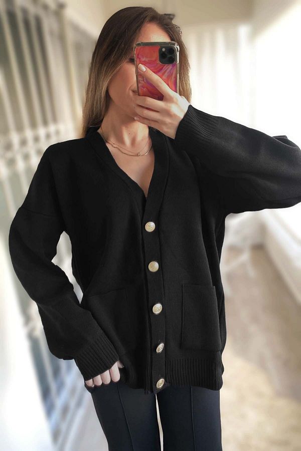 laviyan Gold Buttoned Wide Fit Stylish Thick Knitwear Black Cardigan Jacket Trendyol