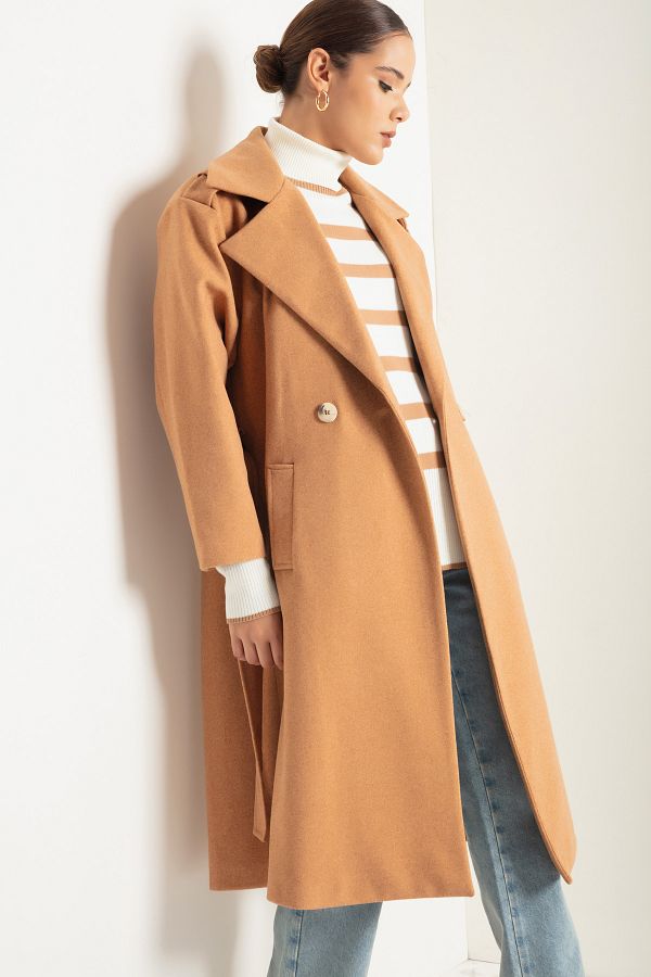 Lafaba Women s Tan Oversize Belted Long Cashmere Coat Trendyol