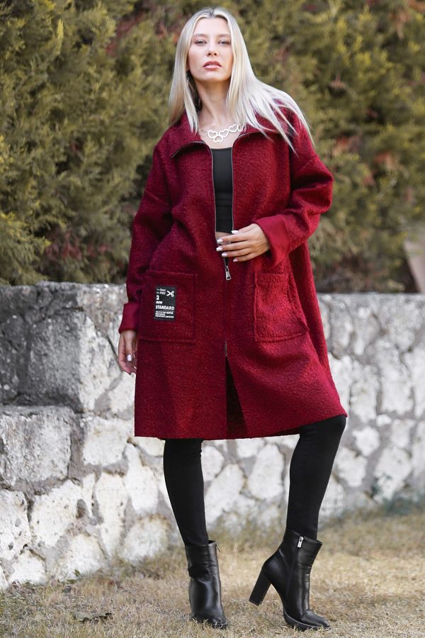 Chiccy Italian Burgundy Stand Collar Long Sleeve Zippered Double Pocket Woven Boucle Coat Trendyol