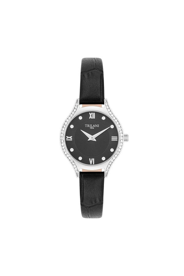Trilani-Quarzuhr Damen Quarzuhr silber Echtleder schwarz 1