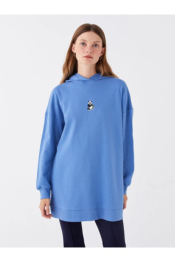 LC Waikiki LCW Modest Hooded Embroidered Long Sleeve Women s Sweatshirt Tunic Trendyol