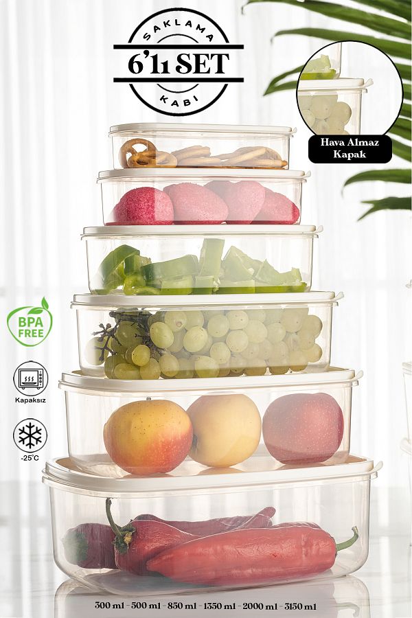 Meleni Home-Set of 6 Rectangular Sweet Transparent Storage Containers 300 ml-500 ml 800 ml 1200 ml 1900 ml 2900 ml 1