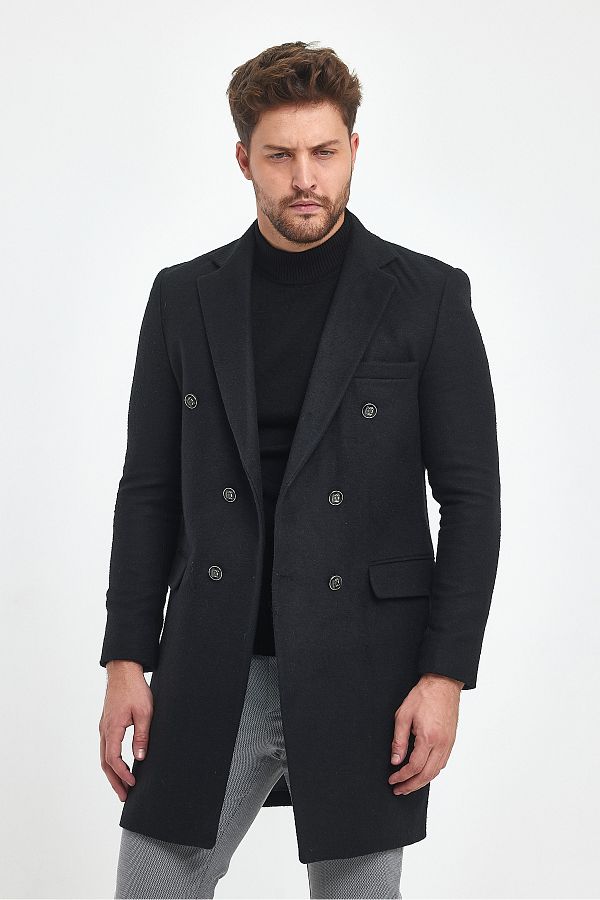 MODAMESTO Men s Black Slim Fit Double Breasted Long Coat Trendyol