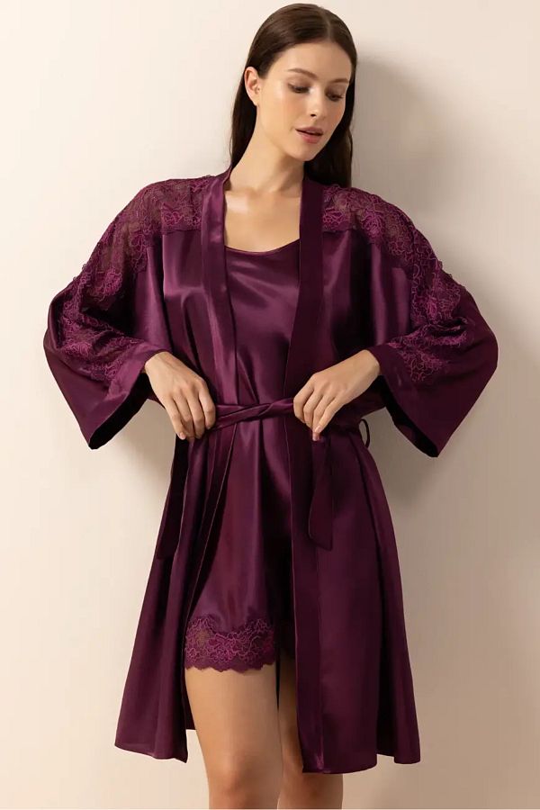 AYYILDIZ-3981 Set cămașă de noapte kimono cu prune 1