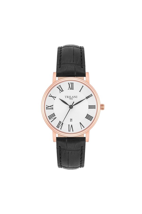 Trilani-Quarzuhr Damen Quarzuhr roségold Echtleder schwarz 1