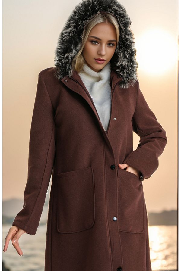 Layda Giyim Furry Stamp Coat Dark Rose Dried Trendyol